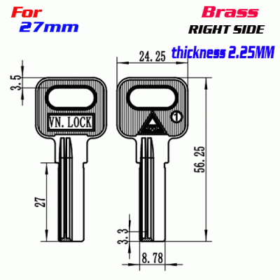 K-286 Brass Thickness 2.25 27mm lengths key Blanks Right side