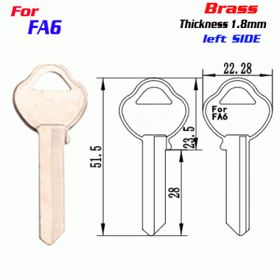 F-222 Brass Thickness 1.8 mm FA6 door key Blank LEFT side