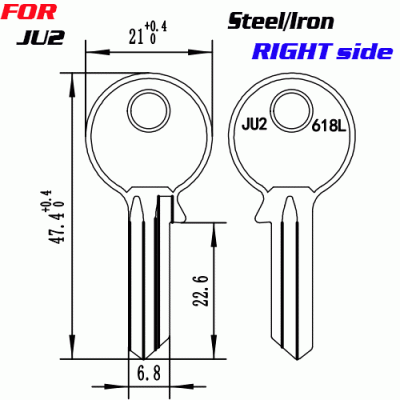 J-095 Steel/Iron JU2 KEY BLANKS Right Side