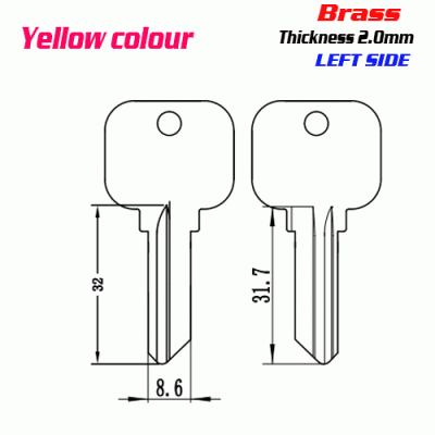 F-220 Brass Thickness 2.0 mm door key Blank left side