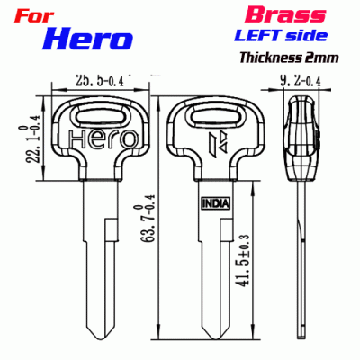 F-192 Brass Thickness 2mm HERO door key Blank LEFT side