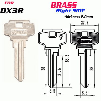 F-138 Brass Thickness 2mm DX3R door key Blank Right SIDE