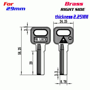 K-285 Brass Thickness 2.25 29mm lengths key Blanks Right side