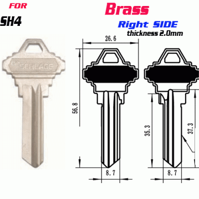F-154 Brass Thickness 2.0mm SH4 door key Blank Right SIDE