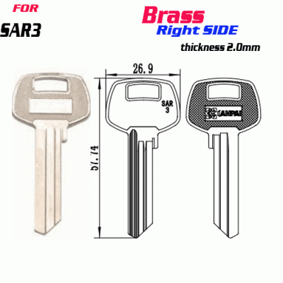 F-144 Brass Thickness 2mm SAR3 door key Blank Right SIDE