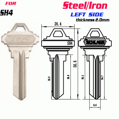 F-152 Steel Thickness 2.0mm SH4 door key Blank left SIDE