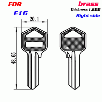 F-228 Brass Thickness 1.6mm E16 door key blanks Right side