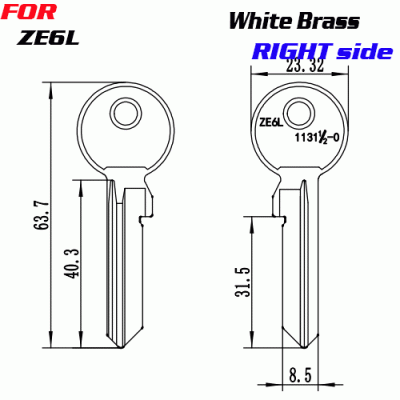 J-094 White Brass ZE6L KEY BLANKS Right Side