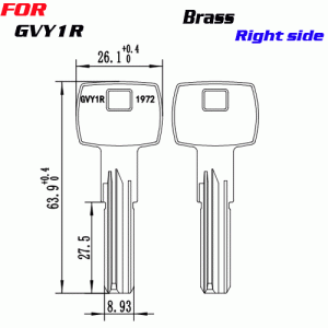 J-102 Brass GVY1R KEY BLANKS Right SIDE