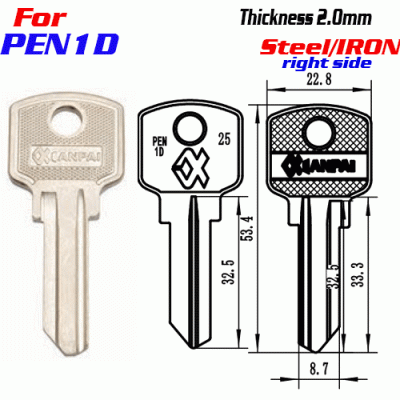 F-308 Steel Thickness 2.0mm pen-1d door key blanks RIGHT side