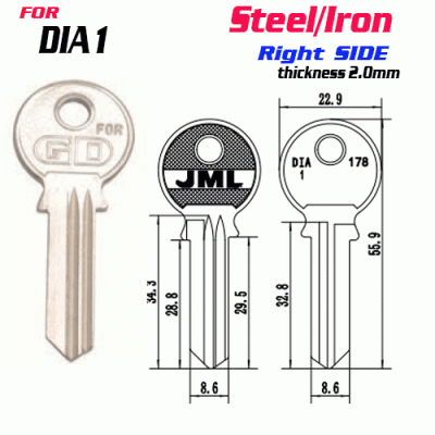 F-164 STEEL Thickness 2.0mm DIA-1 door key Blank Right SIDE