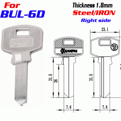 F-348 Steel Thickness 1.8mm BUL-6D door key blanks Right Side
