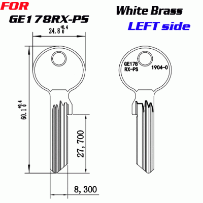 J-087 White Brass GE178RX-PS KEY BLANKS left Side